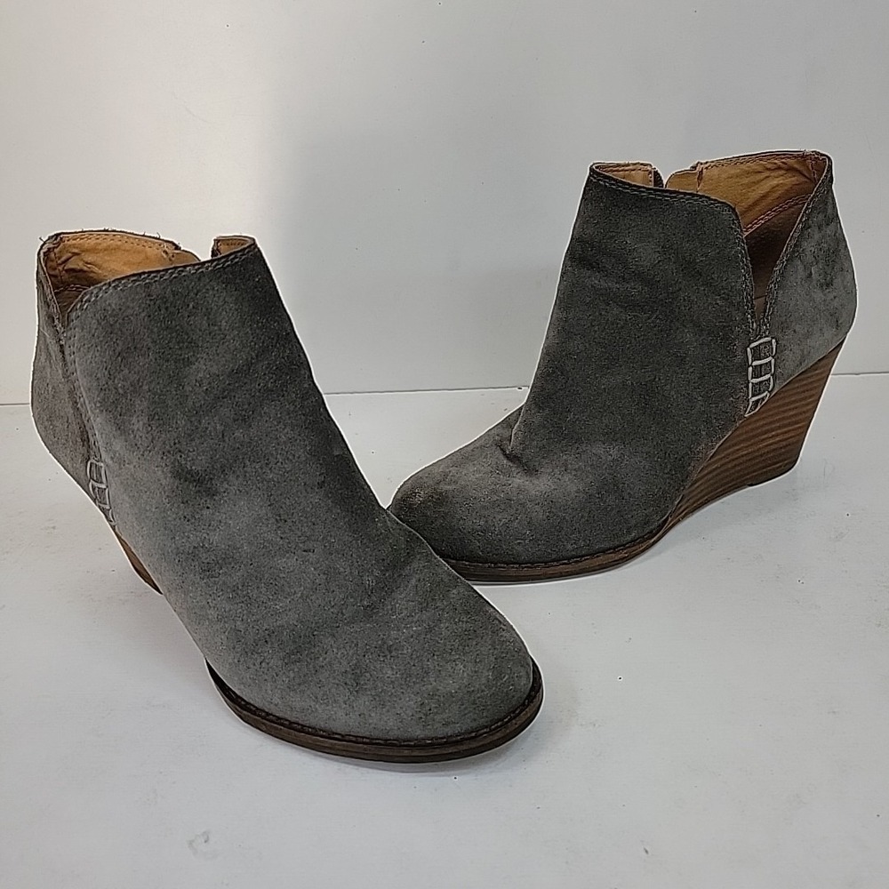 Lucky Brand Gray Leather Suede Ankle Booties Pointed Toe Block Heel Side Zipper